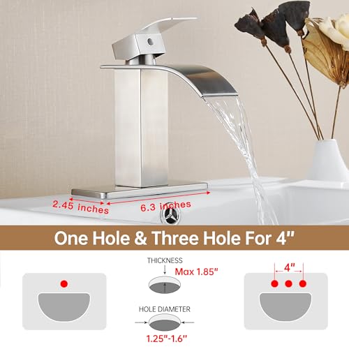 FRANSITON Brushed Nickel Waterfall Bathroom Faucet Lavatory Single Handle 1 or 3 Hole Bathroom Sink Faucet Washbasin Faucet with Deck and Pop-up Drain (Brushed Nickel- Set of 2, Short) - Image 2