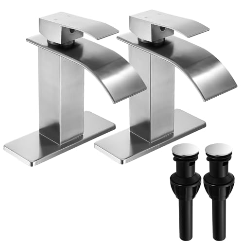 FRANSITON Brushed Nickel Waterfall Bathroom Faucet Lavatory Single Handle 1 or 3 Hole Bathroom Sink Faucet Washbasin Faucet with Deck and Pop-up Drain (Brushed Nickel- Set of 2, Short) - Image 1
