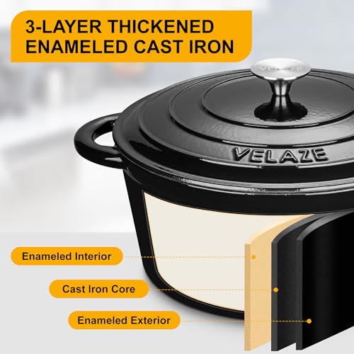Velaze 7.5 QT Dutch Oven Pot with Lid, Enameled Cast Iron Dutch Oven with Dual Handles for Sourdough Bread Baking, Cooking, Non-stick Enamel Coated Cookware (Black) - Image 2