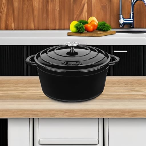 Velaze 7.5 QT Dutch Oven Pot with Lid, Enameled Cast Iron Dutch Oven with Dual Handles for Sourdough Bread Baking, Cooking, Non-stick Enamel Coated Cookware (Black) - Image 5
