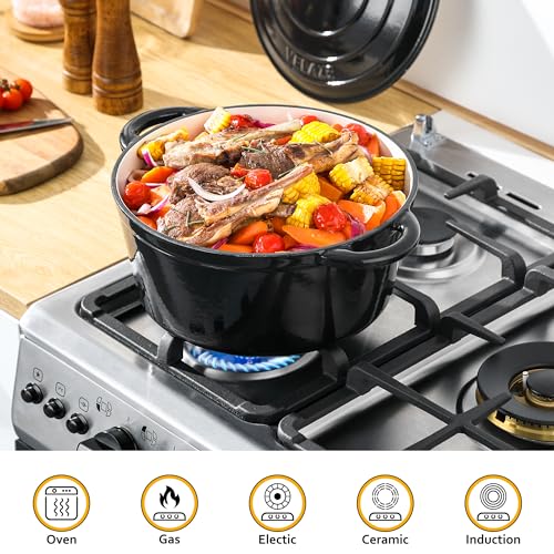 Velaze 7.5 QT Dutch Oven Pot with Lid, Enameled Cast Iron Dutch Oven with Dual Handles for Sourdough Bread Baking, Cooking, Non-stick Enamel Coated Cookware (Black) - Image 4