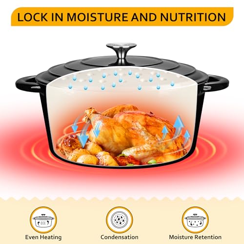 Velaze 7.5 QT Dutch Oven Pot with Lid, Enameled Cast Iron Dutch Oven with Dual Handles for Sourdough Bread Baking, Cooking, Non-stick Enamel Coated Cookware (Black) - Image 3