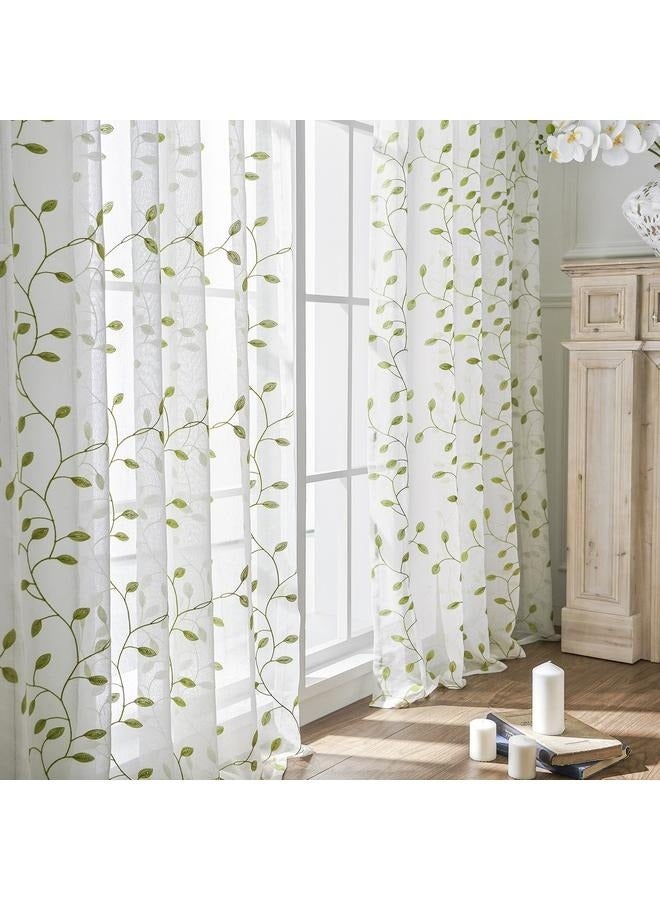 Green Leaf Embroidered Patterned Semi Sheer Curtain for Living Room Bedroom, Rod Pocket Light Filtering Faux Linen Floral Voile， 2 Panels - Image 1