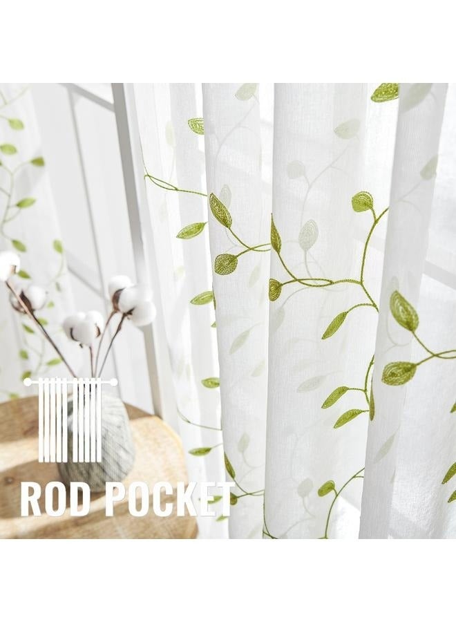 Green Leaf Embroidered Patterned Semi Sheer Curtain for Living Room Bedroom, Rod Pocket Light Filtering Faux Linen Floral Voile， 2 Panels - Image 2