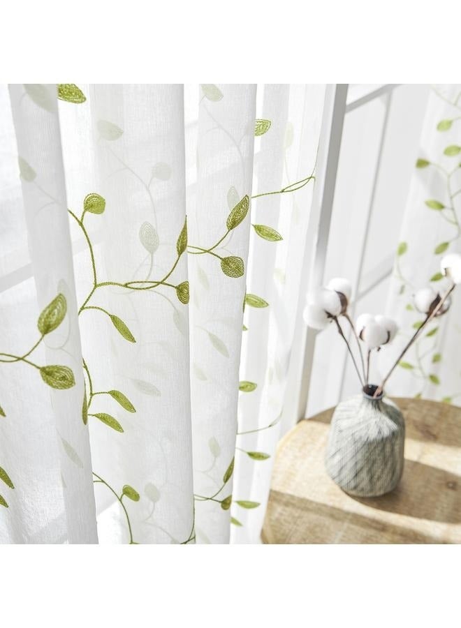 Green Leaf Embroidered Patterned Semi Sheer Curtain for Living Room Bedroom, Rod Pocket Light Filtering Faux Linen Floral Voile， 2 Panels - Image 3