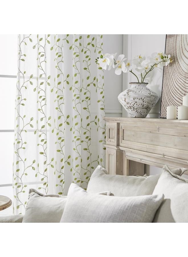 Green Leaf Embroidered Patterned Semi Sheer Curtain for Living Room Bedroom, Rod Pocket Light Filtering Faux Linen Floral Voile， 2 Panels - Image 4