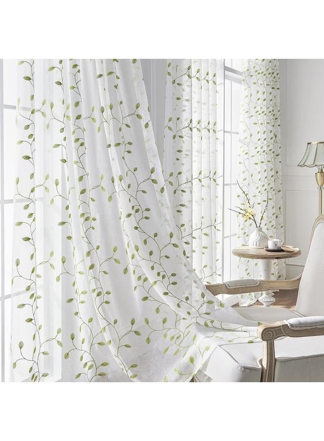 Green Leaf Embroidered Patterned Semi Sheer Curtain for Living Room Bedroom, Rod Pocket Light Filtering Faux Linen Floral Voile， 2 Panels - Image 5