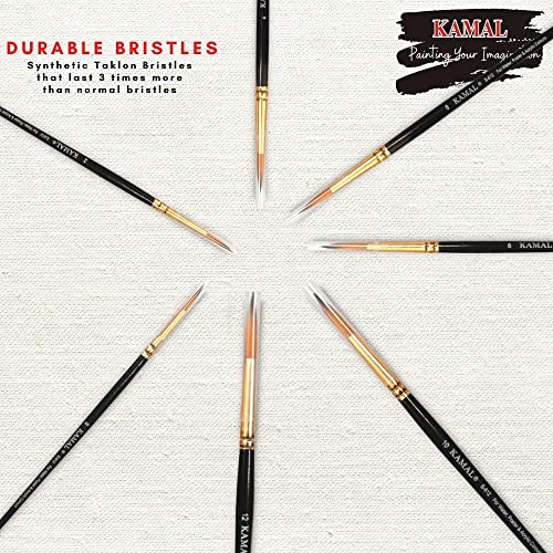 Kamal Round Golden Black Artist Quality Painting Brush Taklon/Synthetic Brush for Oil, Nail, Artist Acrylic Set of 7(Wooden Handle and Taklon Bristle) - Image 4