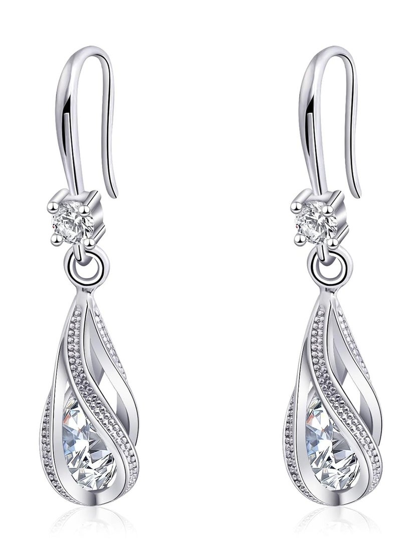 Silver White Cubic Zirconia Earrings Dangling for Women Spiral Hanging Shaped Teardrop Earrings for Bridal or Gift  - Image 1