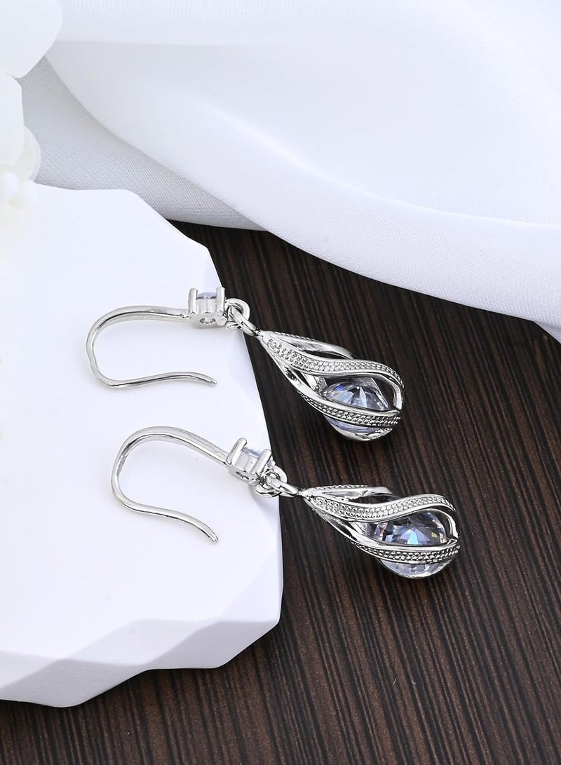 Silver White Cubic Zirconia Earrings Dangling for Women Spiral Hanging Shaped Teardrop Earrings for Bridal or Gift  - Image 2