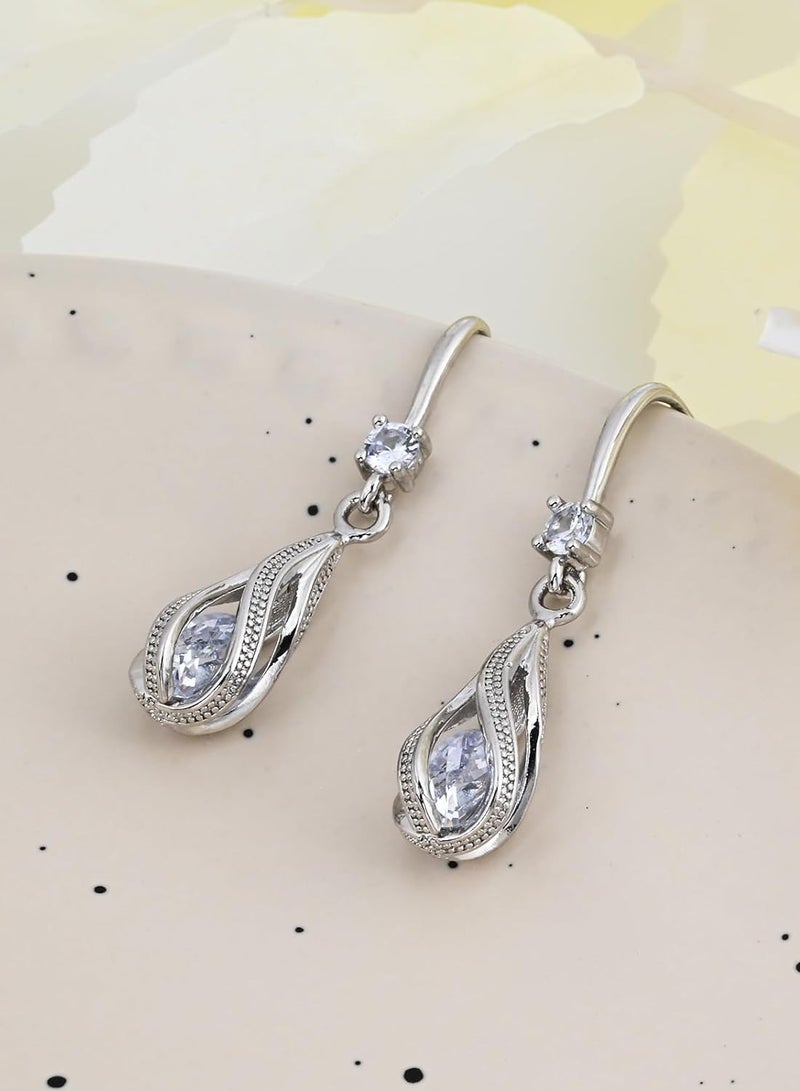 Silver White Cubic Zirconia Earrings Dangling for Women Spiral Hanging Shaped Teardrop Earrings for Bridal or Gift  - Image 3