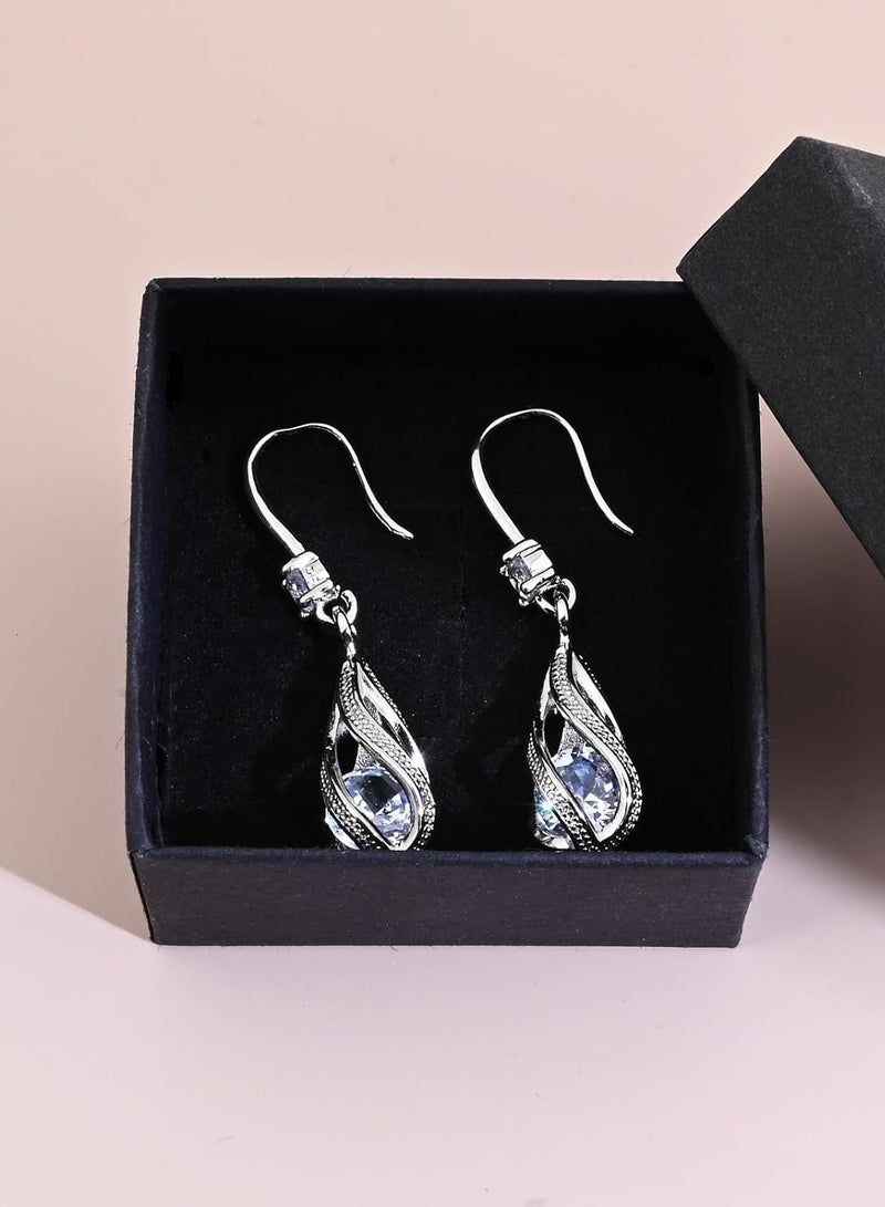 Silver White Cubic Zirconia Earrings Dangling for Women Spiral Hanging Shaped Teardrop Earrings for Bridal or Gift  - Image 4