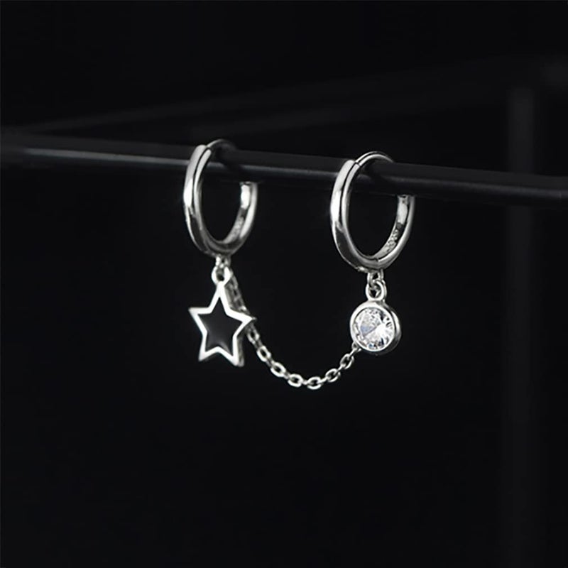SLUYNZ Solid 925 Sterling Silver Black Star Double Hoop Earrings Chain for Women Teen Girls CZ Double Piercing Earrings Huggie Earrings (A-Sterling Silver) - Image 5