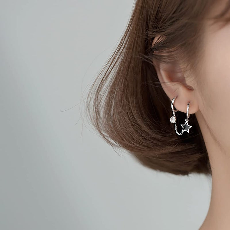 SLUYNZ Solid 925 Sterling Silver Black Star Double Hoop Earrings Chain for Women Teen Girls CZ Double Piercing Earrings Huggie Earrings (A-Sterling Silver) - Image 2