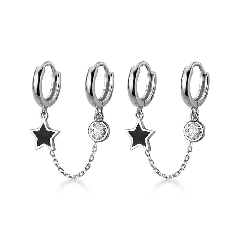 SLUYNZ Solid 925 Sterling Silver Black Star Double Hoop Earrings Chain for Women Teen Girls CZ Double Piercing Earrings Huggie Earrings (A-Sterling Silver) - Image 1