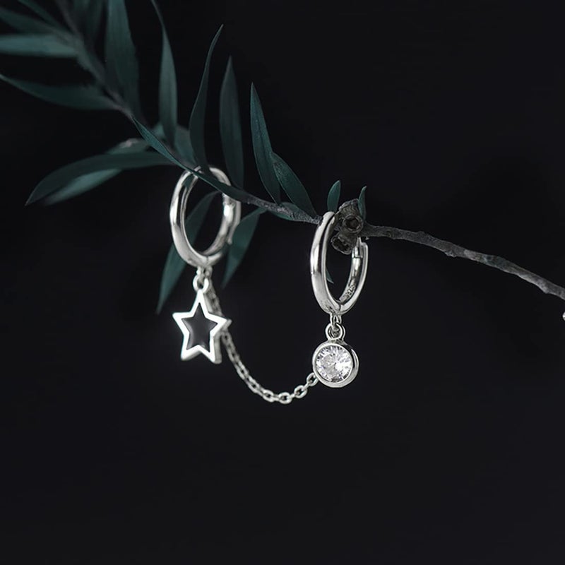 SLUYNZ Solid 925 Sterling Silver Black Star Double Hoop Earrings Chain for Women Teen Girls CZ Double Piercing Earrings Huggie Earrings (A-Sterling Silver) - Image 4