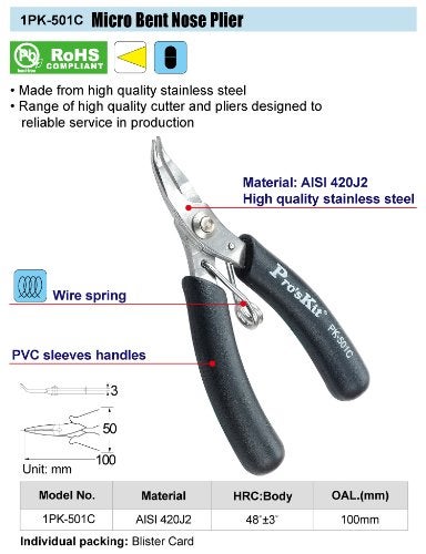 Proskit 1PK501C Stainless Steel Micro Bent Nose Plier 100mm Black - Image 2