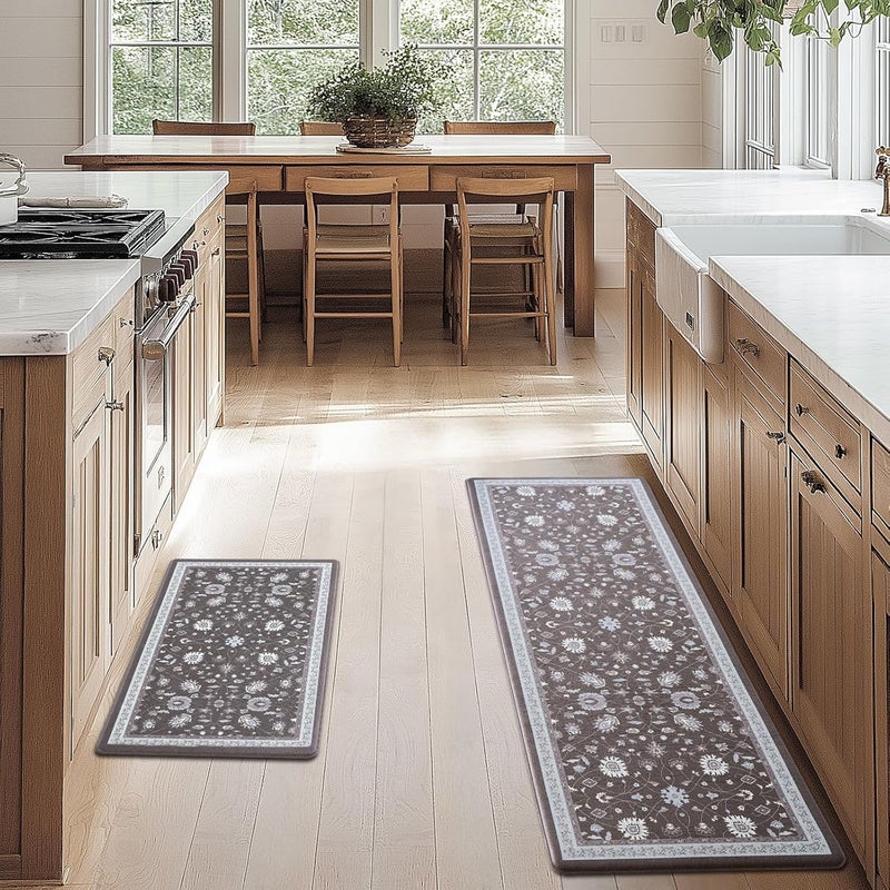 Fresh Mint Anti Fatigue Kitchen Mats for Floor 2 Piece Set, Waterproof & Non-Skid Vintage Floarl Kitchen Rugs, Cushioned Kitchen Mat for Standing Washable Comfort Desk Kitchen Runners, 17x30''+17x47'' - Image 2