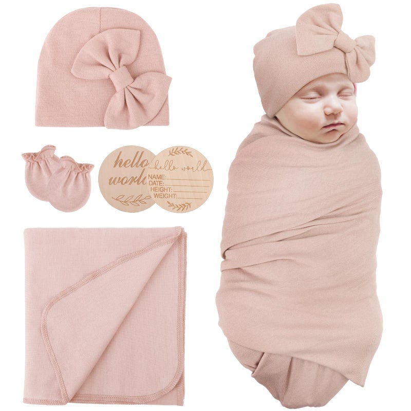 AQOKKA AQOKKA Newborn Receiving Blanket with Bow Hat Mittens Wooden Card Set Newborns Toddler Baby Boy Girl Nursery Swaddle Wrap  - Image 4