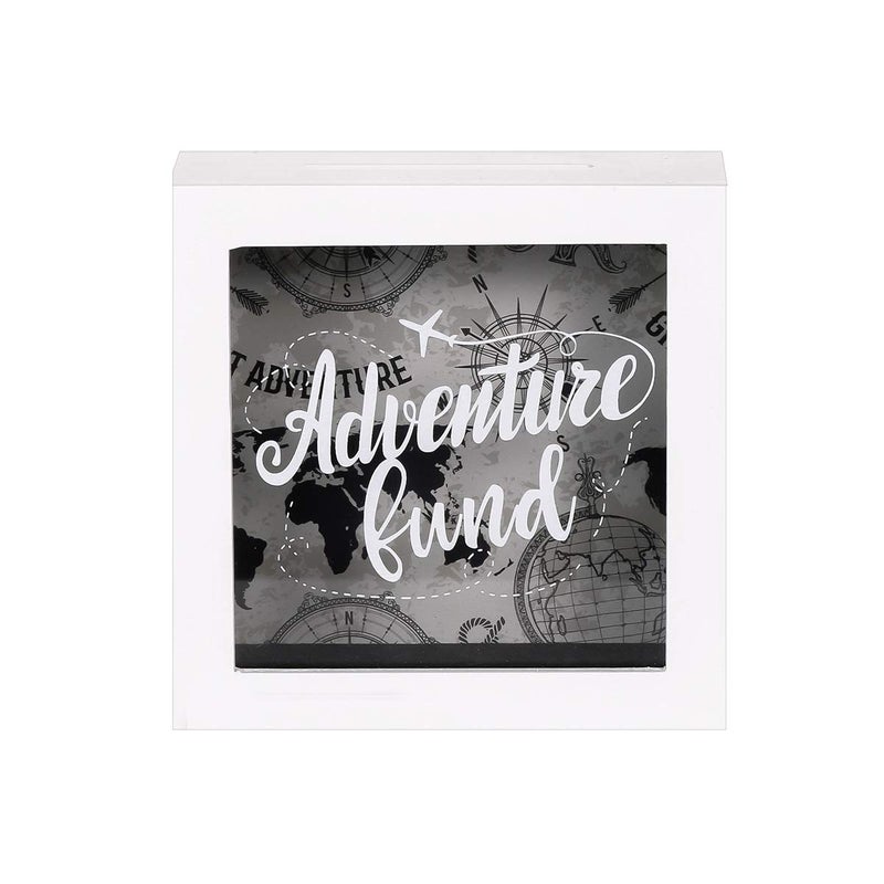 UMICAL 6x6 Inch Adventure Fund White Shadow Box Frame Display Case Decorative Wooden Money Savings Bank Travel Fund Box Memory Box with World Map Background
