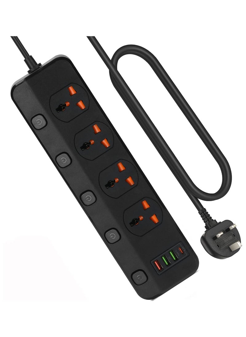 Anmi 3m Extension Lead 4 AC Way With Fast Charger 3 USB+1 Type-C Slots,13Amp UK Plug Power,Protected Extension Cord with Individual Switches,Power Strip for Home Office (Black)  - Image 1