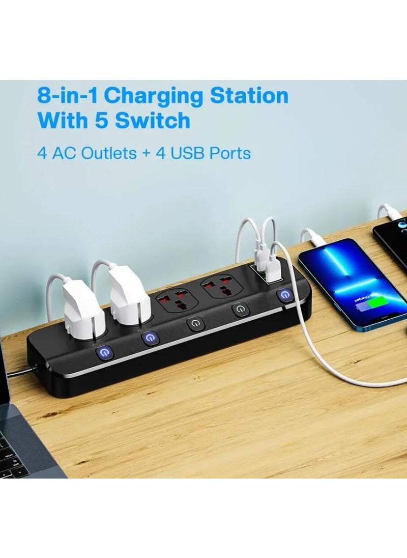 Anmi 3m Extension Lead 4 AC Way With Fast Charger 3 USB+1 Type-C Slots,13Amp UK Plug Power,Protected Extension Cord with Individual Switches,Power Strip for Home Office (Black)  - Image 2