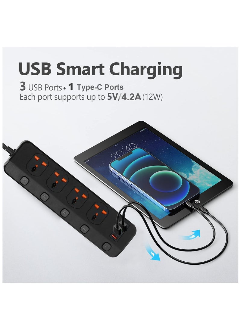 Anmi 3m Extension Lead 4 AC Way With Fast Charger 3 USB+1 Type-C Slots,13Amp UK Plug Power,Protected Extension Cord with Individual Switches,Power Strip for Home Office (Black)  - Image 5
