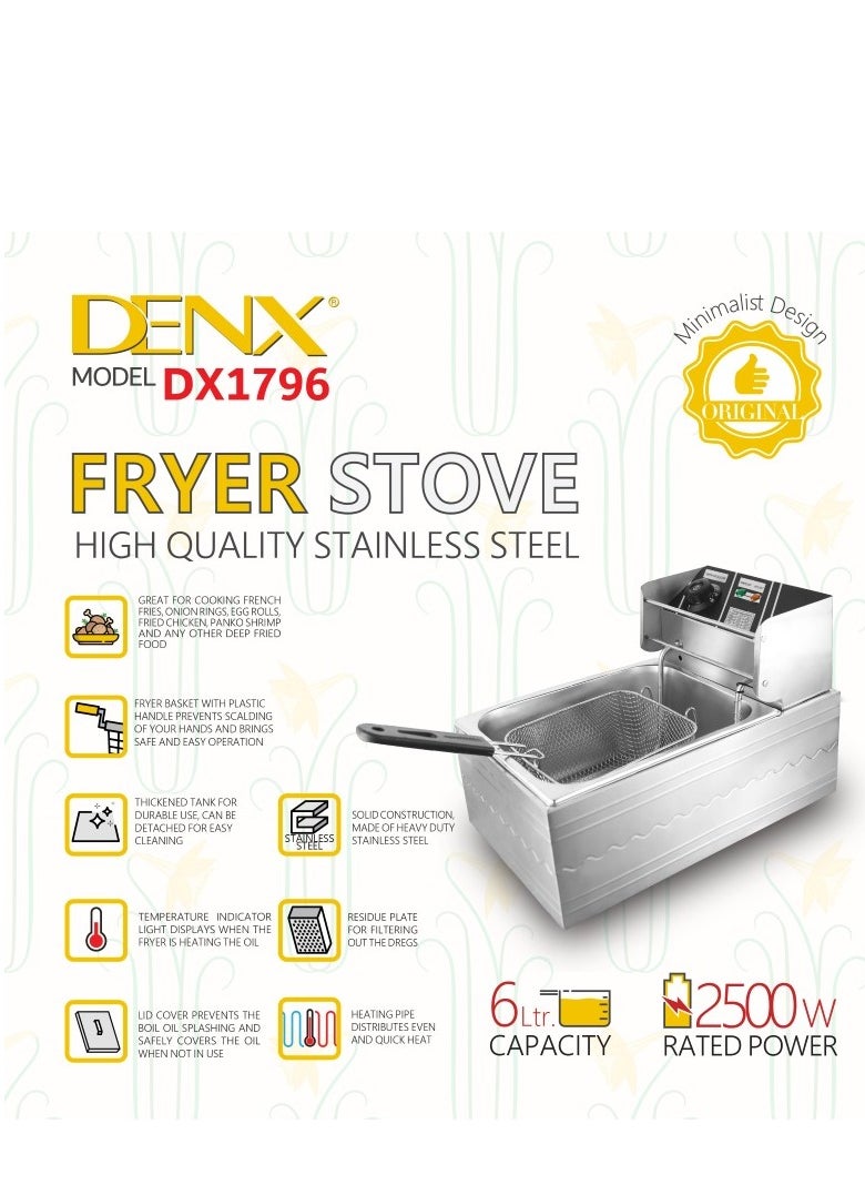 Denx Stainless Steel 6L Deep Oil Fryer with Basket Strainer Jumbo Size Adjustable Temperature & Timer, Perfect Chicken, Shrimp, French Fries, Chips & More, Removable Oil Container  - Image 3