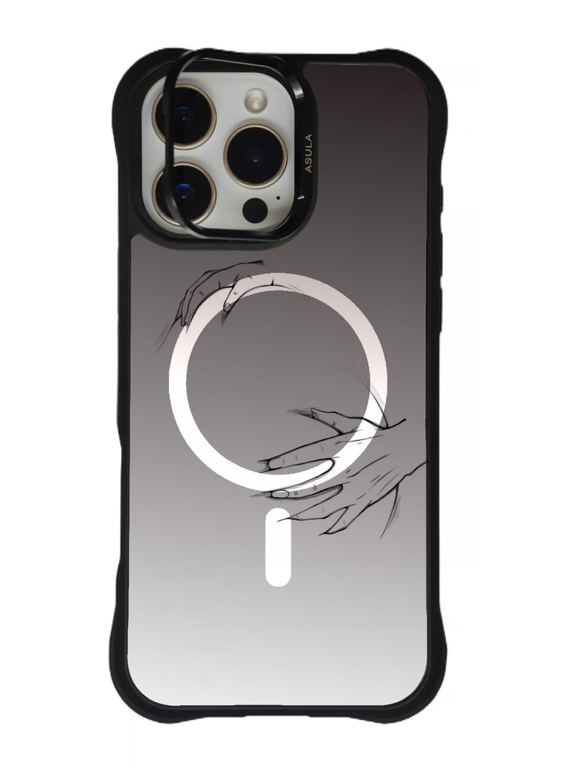 IPhone 16 Pro Case,Magnetic Ring,Interchangeable Mirror Cover,Anti-Slip Soft Raised Edge Drop Protection,Built-in Invisible Stand protect lens,Mirror Raised Texture-hand posture 2