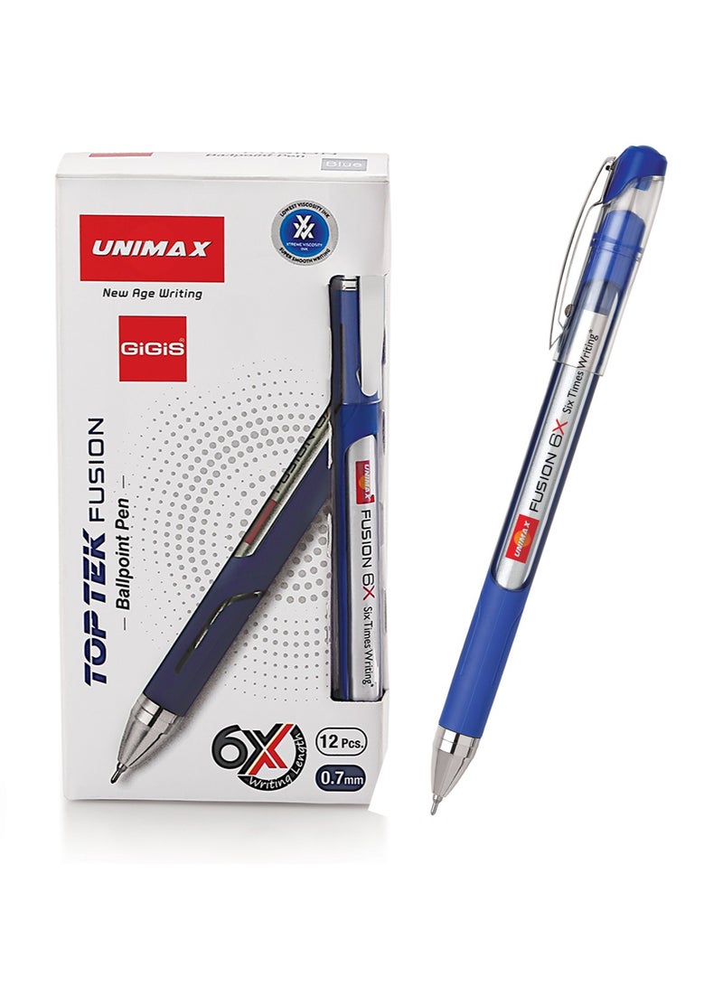 Unimax Top Tek Fusion 6X Ballpoint Pen 12-Pieces, 0.7 mm Tip Size, Blue, Smooth Writing Ball Pen for School Office Home