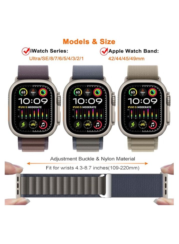 3 Pack Compatible with Apple Watch Ultra Band 49mm 45mm  46mm 44mm  Men Women, Adjustable Metal C-Hook Sport Nylon Strap for iWatch Series Ultra/SE/8/7/6/5/4/3/2/1