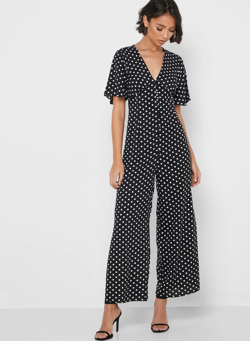Miss Selfridge Petite Wide Sleeve Printed Plunge Jumpsuit