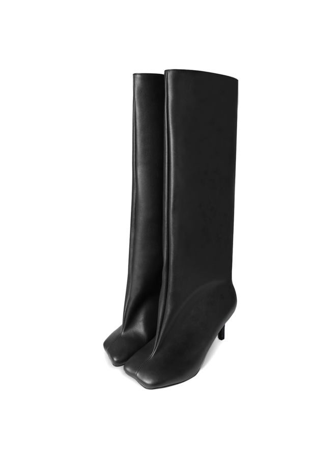 Women's Suede Knee High Boots Square Toe Stiletto Heels Wide Calf Tall Boots, Black Pu, 7.5