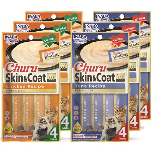 INABA Churu for Skin and Coat Lickable Purée Natural Cat Treats with Omega Oils, Taurine and Green Tea, 0.5 Ounces Each - 2 Flavor Variety Pack (24 Tubes) - Image 1