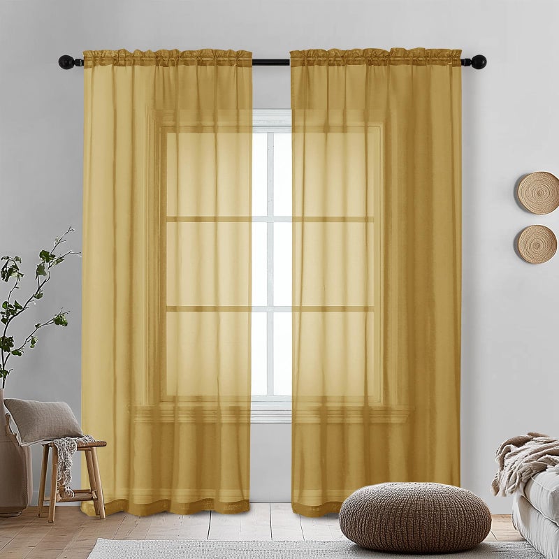 OVZME Gold Sheer Curtains 96 Inches Long 2 Panels - Soft Light Filtering Window Sheer Panels for Living Room/Bedroom  Top Dual Rod Pocket  1 Pair  Each 42Wx96L Inches - Image 3