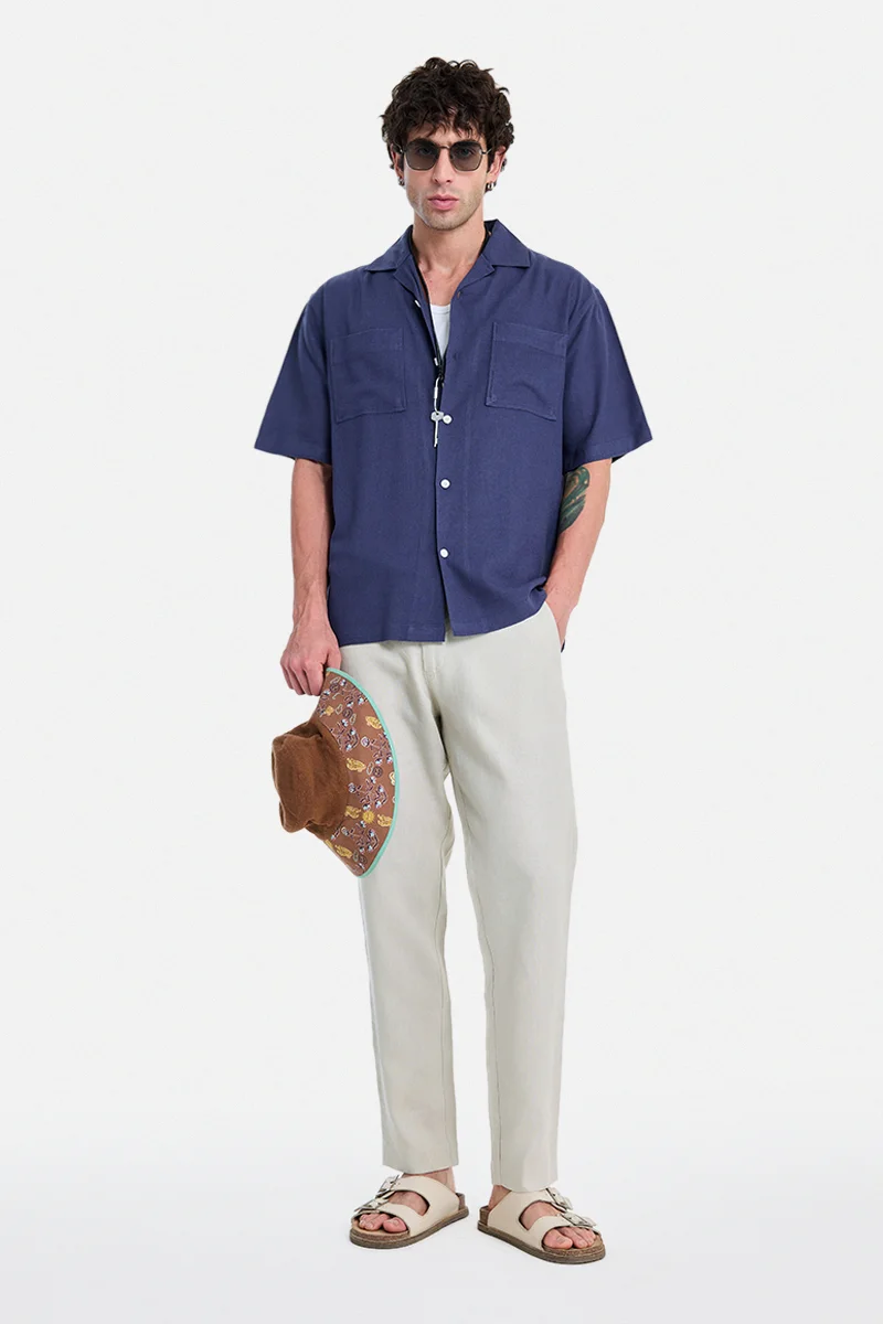 سنيتش Blue Textured Half Sleeve Boxy Vacation Shirt