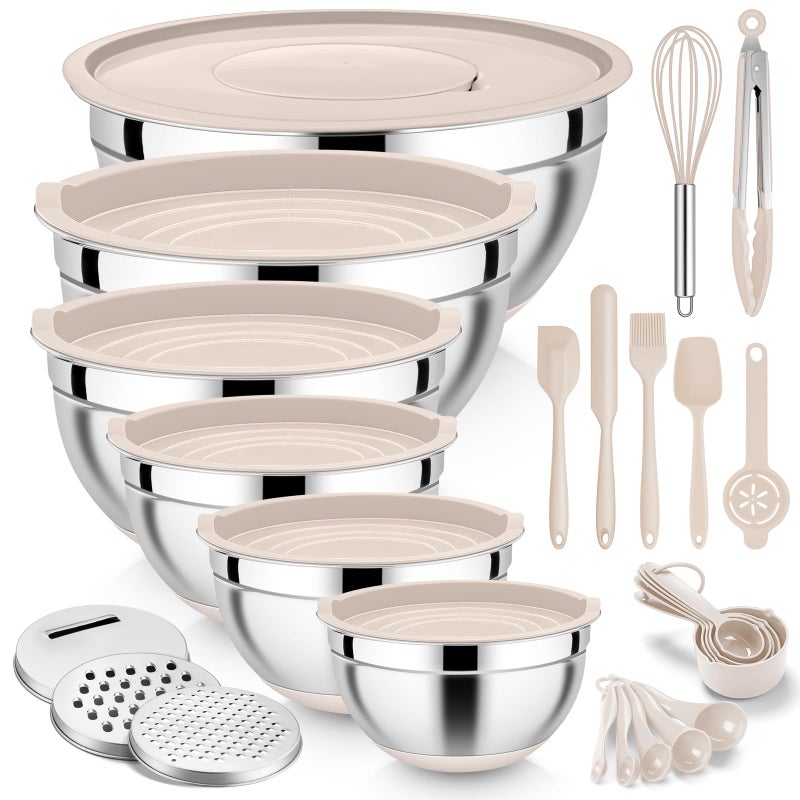 E-far Efar 25PCS Mixing Bowls with Lid Set Stainless Steel Nesting Prep Bowls with Grater Attachments NonSlip Bottoms for Cooking Serving Food Storage 4626215107QT Khaki - Image 2