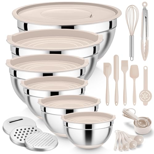 E-far Efar 25PCS Mixing Bowls with Lid Set Stainless Steel Nesting Prep Bowls with Grater Attachments NonSlip Bottoms for Cooking Serving Food Storage 4626215107QT Khaki - Image 1