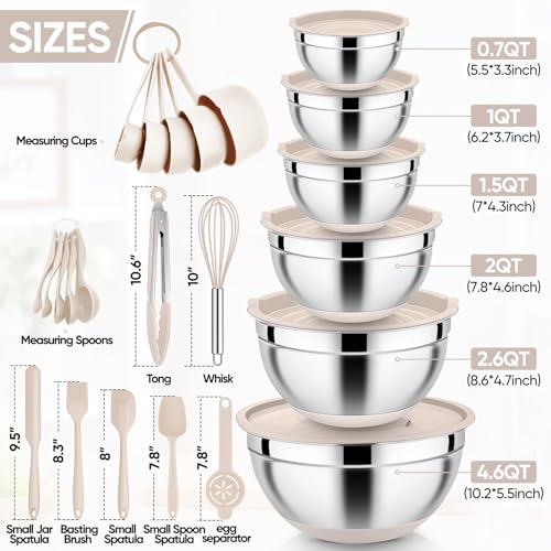 E-far Efar 25PCS Mixing Bowls with Lid Set Stainless Steel Nesting Prep Bowls with Grater Attachments NonSlip Bottoms for Cooking Serving Food Storage 4626215107QT Khaki - Image 3