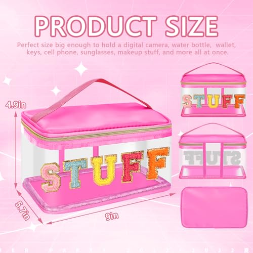 Iqimott Preppy Clear Makeup Bag Stuff Pouch Chenille Letter Cosmetic Bag for Women Girls Nylon PVC Toiletry Storage Handbag Travel Transparent Waterproof Zipper Pouch with HandleStuff RoseRed - Image 3