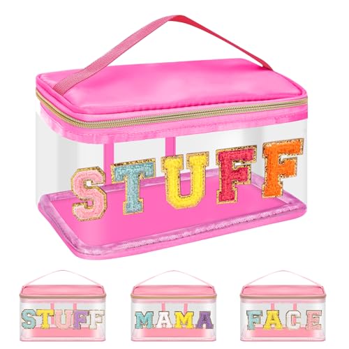 Iqimott Preppy Clear Makeup Bag Stuff Pouch Chenille Letter Cosmetic Bag for Women Girls Nylon PVC Toiletry Storage Handbag Travel Transparent Waterproof Zipper Pouch with HandleStuff RoseRed - Image 1