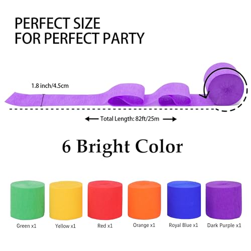 Suaxova 6 Rolls 492ft Rainbow Crepe Paper Streamers, 6 Colors Pack of Paper Party Streamers for Colorful Party Decorations, Birthday Decorations, Wedding Decorations (1.8 Inch x 82 Ft/Roll) - Image 2