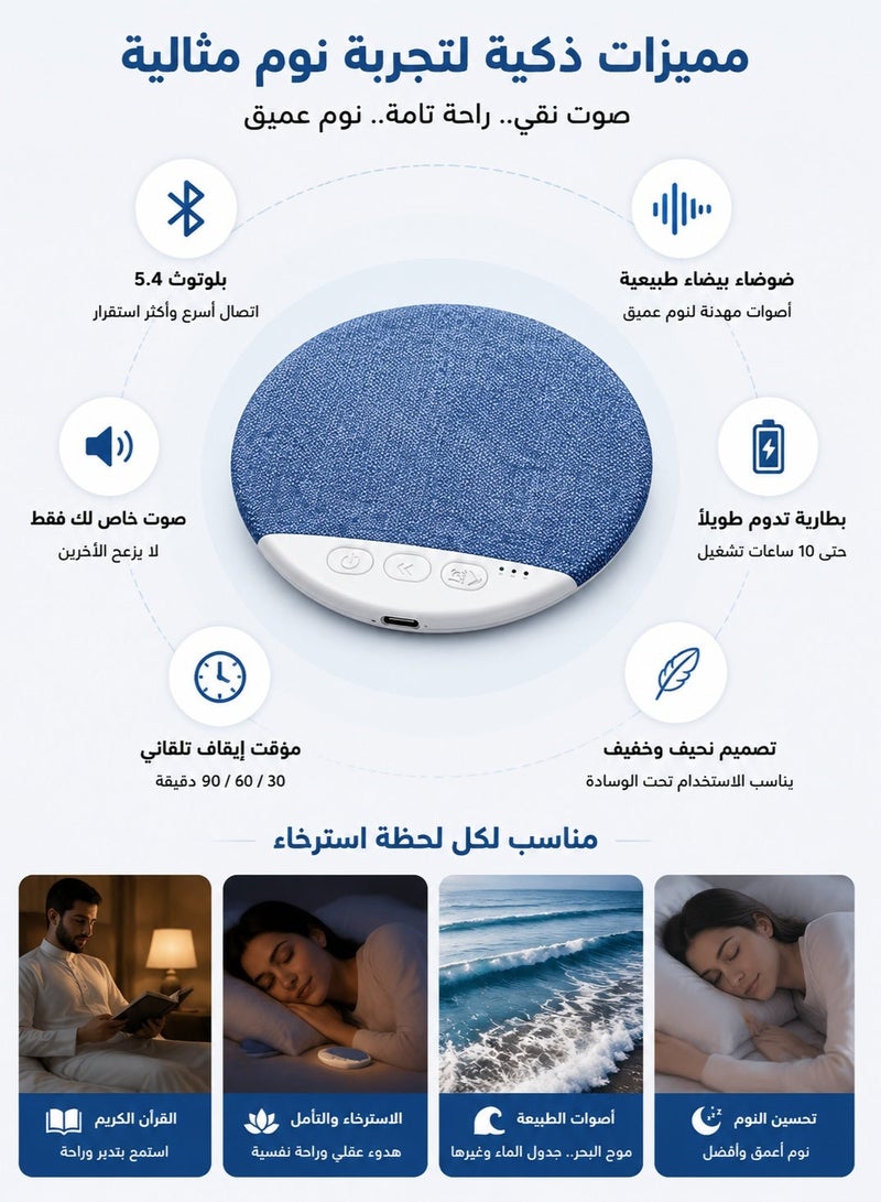 اوليو سماعة نوم تحت الوسادة بتصميم نحيف وبلوتوث 5.4 مع أصوات طبيعية وضوضاء بيضاء ومؤقت 30/60/90 دقيقة، سماعة لاسلكية خاصة للنوم والاسترخاء والسفر، أزرق - Image 5