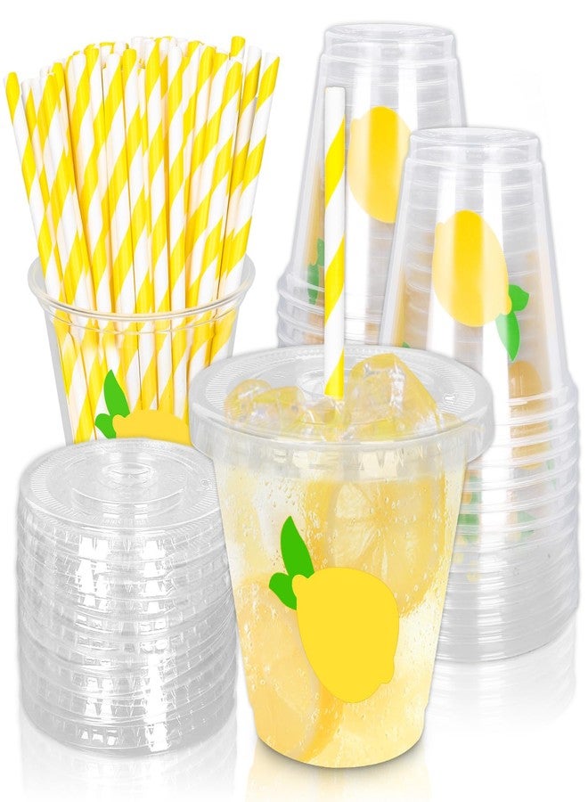 Whaline أكواب بلاستيكية قابلة للتصرف من واهلين 100 قطعة مع أغطية وقش 9 أونصات أكواب حفلات صفراء ليمون لمشروبات باردة مثل القهوة المثلجة والسموذي والعصير والشاي - Image 1