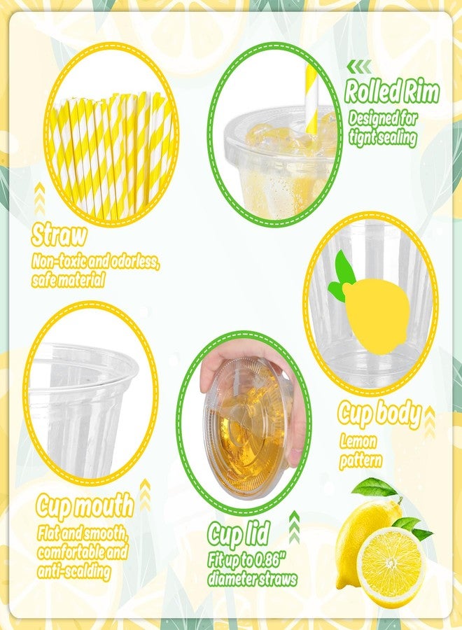 Whaline أكواب بلاستيكية قابلة للتصرف من واهلين 100 قطعة مع أغطية وقش 9 أونصات أكواب حفلات صفراء ليمون لمشروبات باردة مثل القهوة المثلجة والسموذي والعصير والشاي - Image 3
