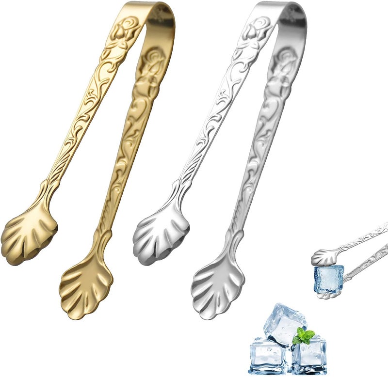 Eophmi Sugar Tongs, 2 Pcs Ice Tongs, Stainless Steel Thickened Mini Serving Tongs for Appetizers, Desserts, Salad, Grilling, 4inch Rose U-Shaped Sugar Cube Tongss for Tea Party, Coffee(Silver/Gold) - Image 1