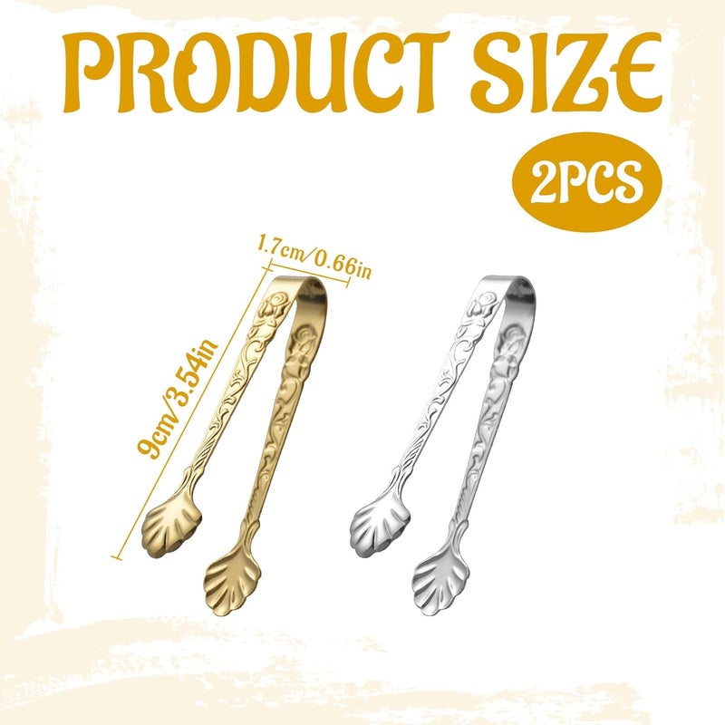 Eophmi Sugar Tongs, 2 Pcs Ice Tongs, Stainless Steel Thickened Mini Serving Tongs for Appetizers, Desserts, Salad, Grilling, 4inch Rose U-Shaped Sugar Cube Tongss for Tea Party, Coffee(Silver/Gold) - Image 2