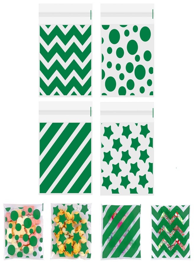 eowqeiur 100 PCS Green Polka Dots Star Stripe Cellophane bags(4x4 Inch Self Sealing Cookie Treat Snack Goodie Candy Goody Gifts Bags for St. Patrick's Graduation Birthday Holiday Party Favors Supplies Wrap - Image 1