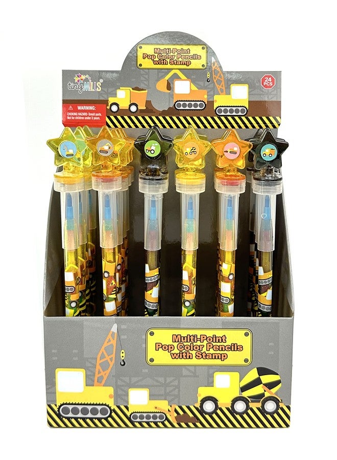 TINYMILLS 24 Pcs Construction 2 in 1 Stackable Stacking Crayon with Extra Stamper Topper, Kids Party Favors, Goodie Bag Stuffers, Classroom Rewards, Prizes - Image 1