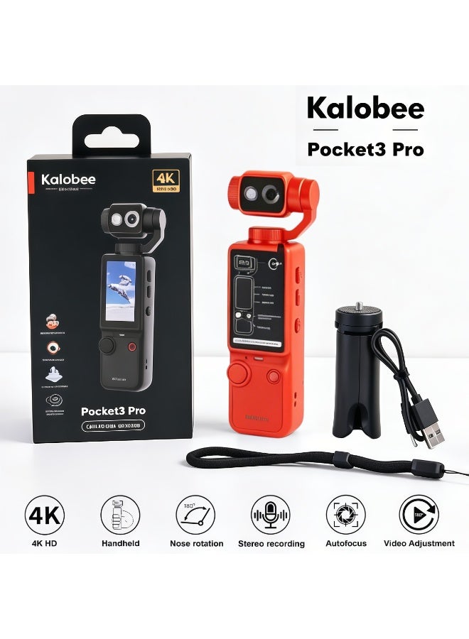 كالوبي كاميرا جيب يدوية Kalobee Pocket3 Pro بدقة 4K عالية الوضوح، عدسة دوارة 180 درجة مع إضاءة مدمجة، كاميرا فيديو جيمبال محمولة بميكروفون استريو، مسجل فيديو للفلوج مع تركيز تلقائي للسفر والتصوير اليومي، متوفرة بثلاثة ألوان - Image 1